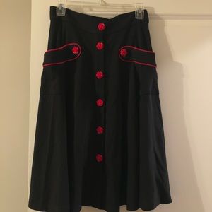 Voodoo Vixen Black Skirt with Red Rose Buttons
